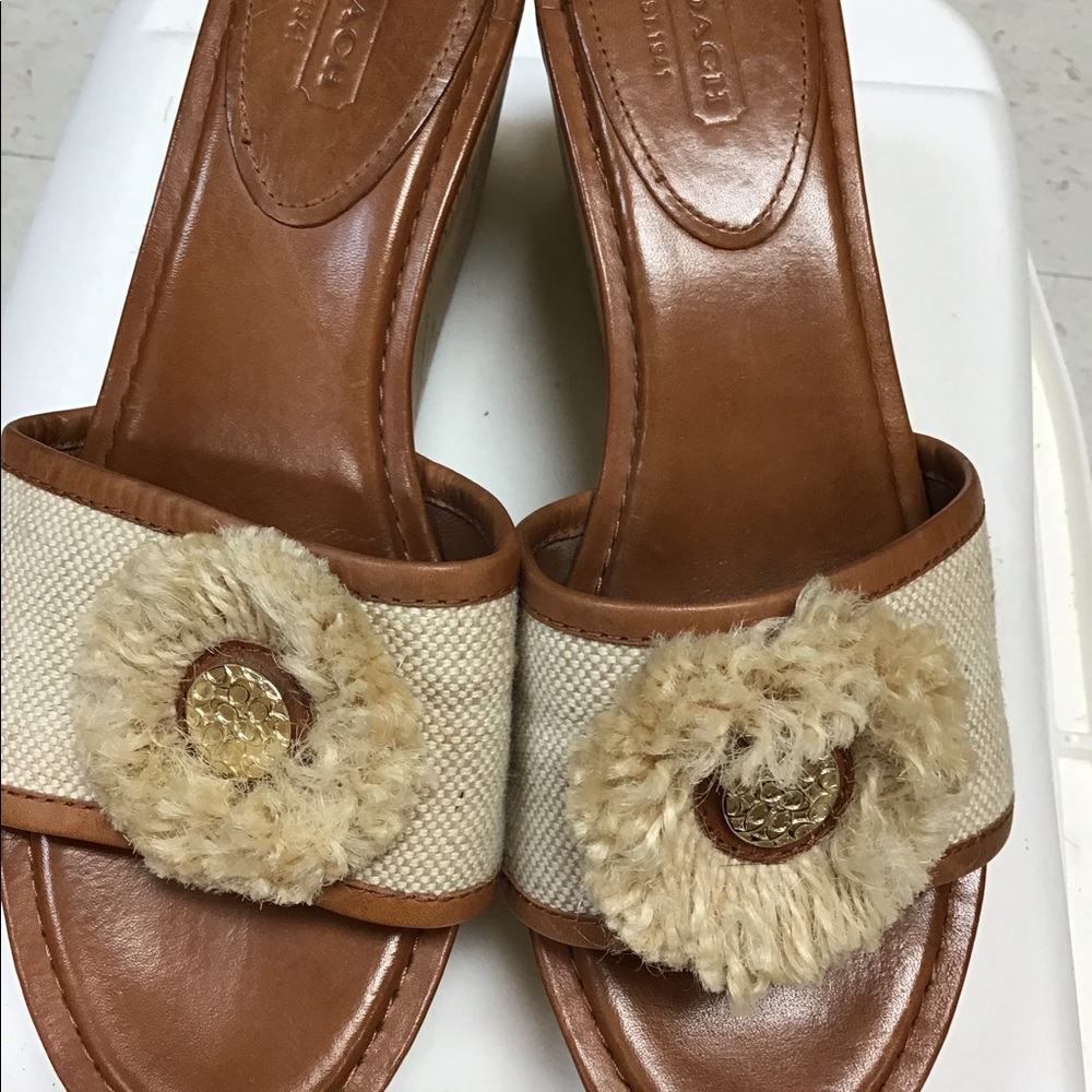Coach jazmin brown leather canvas cork wedge
